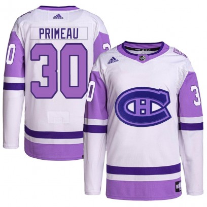Youth Authentic Montreal Canadiens Cayden Primeau Adidas Hockey Fights Cancer Primegreen Jersey - White/Purple
