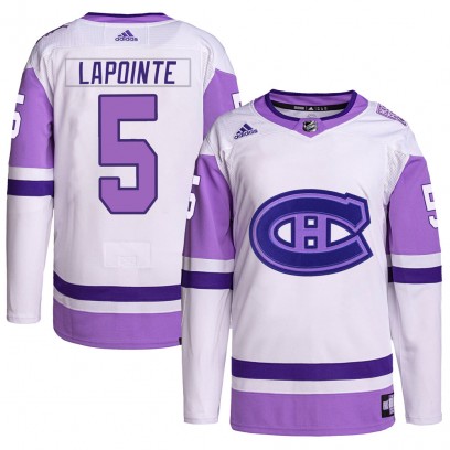 Men's Authentic Montreal Canadiens Guy Lapointe Adidas Hockey Fights Cancer Primegreen Jersey - White/Purple
