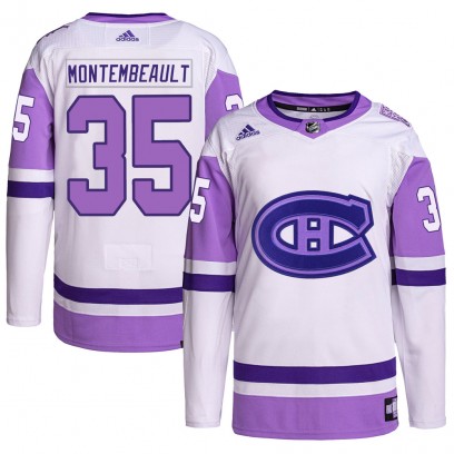Men's Authentic Montreal Canadiens Sam Montembeault Adidas Hockey Fights Cancer Primegreen Jersey - White/Purple