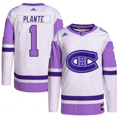 Men's Authentic Montreal Canadiens Jacques Plante Adidas Hockey Fights Cancer Primegreen Jersey - White/Purple